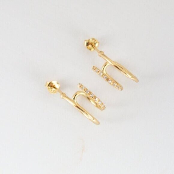 Double Huggie Earrings Gold CZ Hoop Earrings Non Tarnish Hypoallergenic Jewelry - Picture 12 of 13